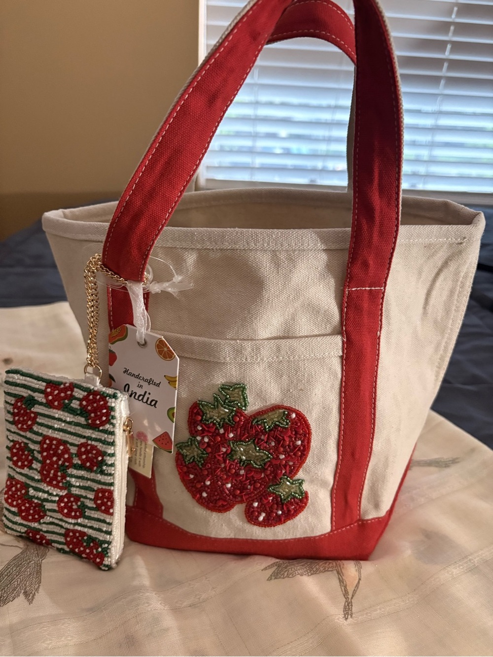 Beaded Strawberry Canvas Tote with Matching Pouch
